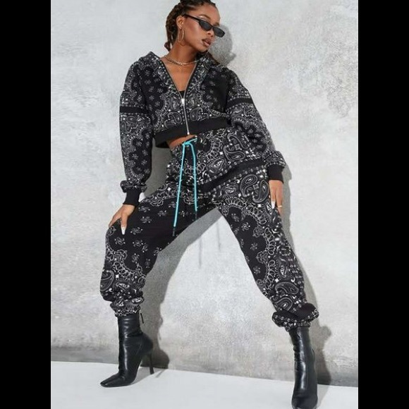 2Pc Cashew Print Zip ⬆️ Jacket W/Baby Blue Strings On Joggers Throw Back Outfit - Picture 7 of 9